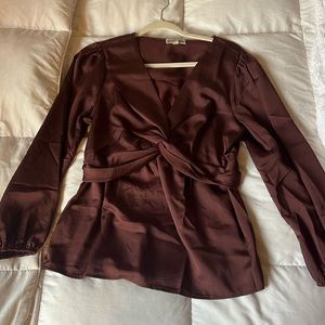Brown Satin Tie Blouse